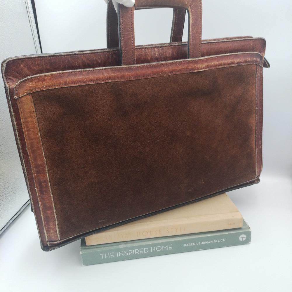 Vtg 70s 80s Brown Leather Suede Briefcase Retractable Handles Attaché Patina